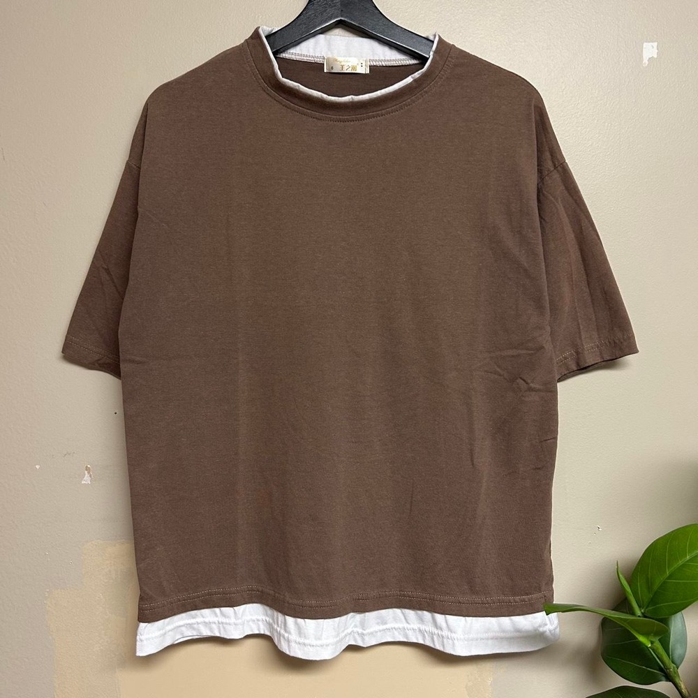 Vintage 00s Brown Double Face Boxy Blank Shirt Mens Medium Layered Look